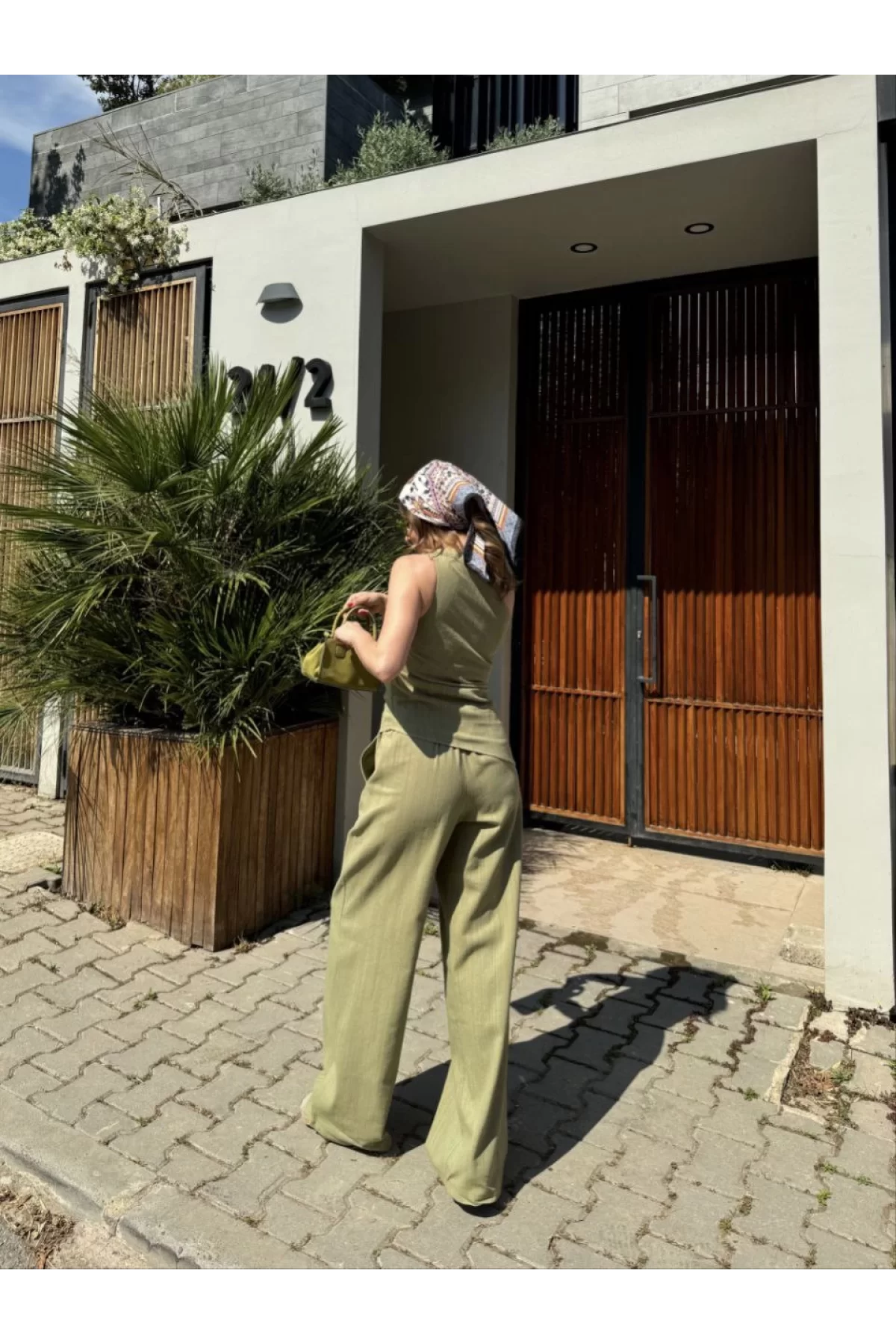 Kadın Keten Asimetrik Tek Omuzlu Bluz Pantalon Takım- Su Yeşili