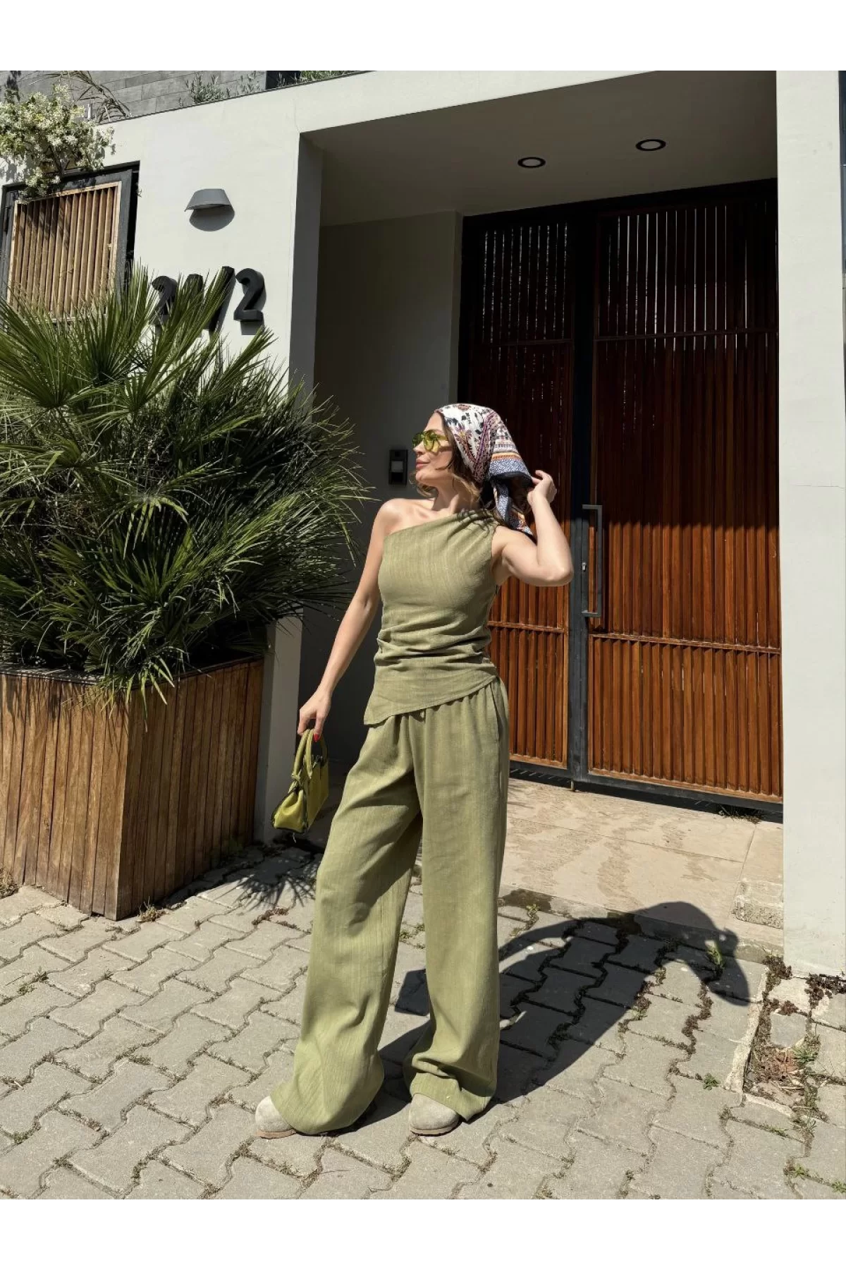 Kadın Keten Asimetrik Tek Omuzlu Bluz Pantalon Takım- Su Yeşili