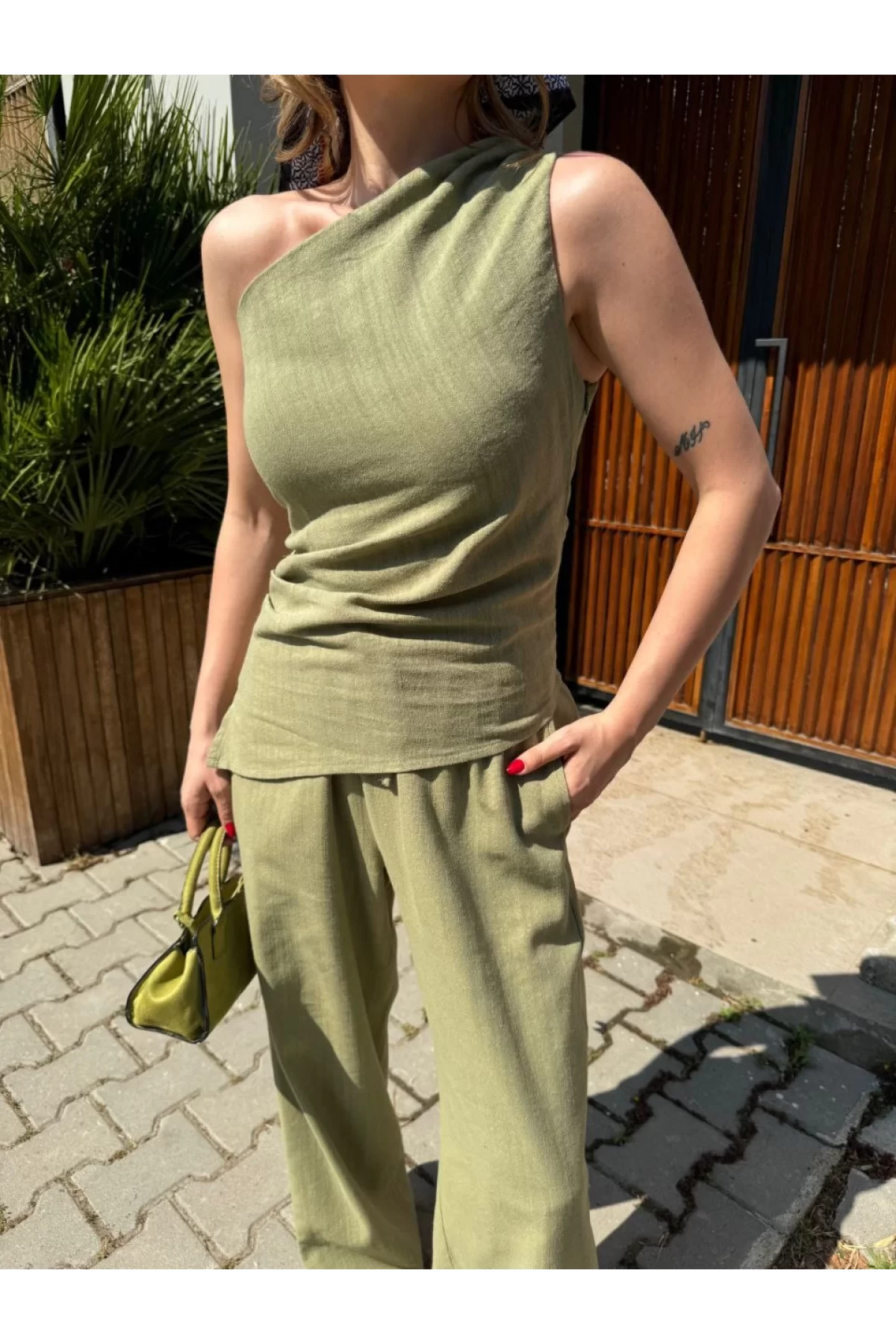 Kadın Keten Asimetrik Tek Omuzlu Bluz Pantalon Takım- Su Yeşili