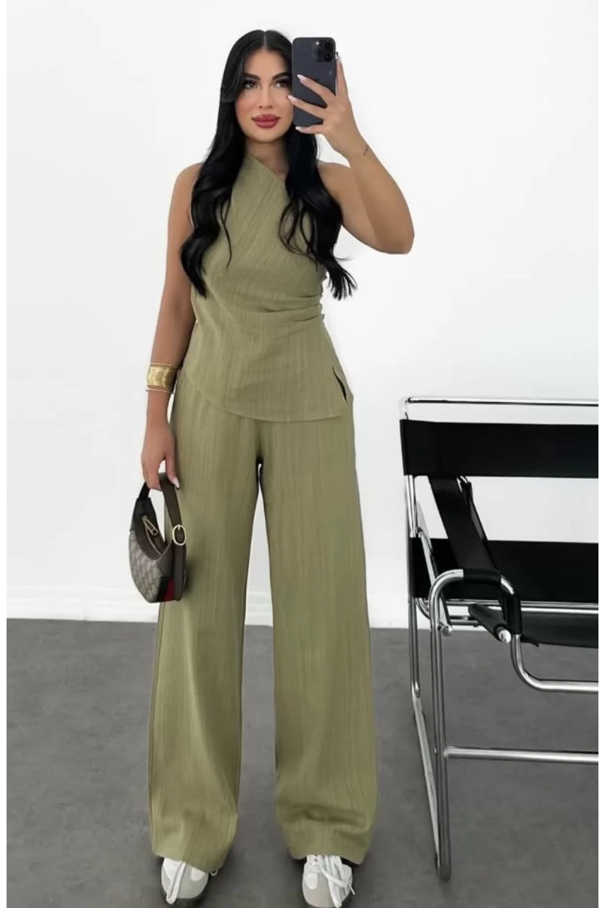 Kadın Keten Asimetrik Tek Omuzlu Bluz Pantalon Takım- Su Yeşili