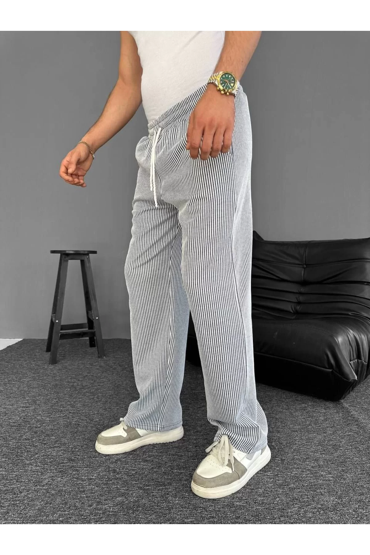 Su Yolu Çizgili Cepli Pantalon Yazlık - Gri