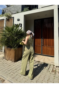Kadın Keten Asimetrik Tek Omuzlu Bluz Pantalon Takım- Su Yeşili