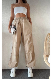 Kadın Cepli Paraşut Pantalon - Bej