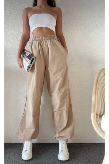 Kadın Cepli Paraşut Pantalon - Bej