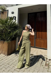 Kadın Keten Asimetrik Tek Omuzlu Bluz Pantalon Takım- Su Yeşili