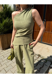 Kadın Keten Asimetrik Tek Omuzlu Bluz Pantalon Takım- Su Yeşili