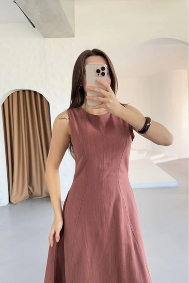 Keten Kolsuz Uzun Sırtı Kapalı Bisiklet Yaka Elbise - Gül Kurusu