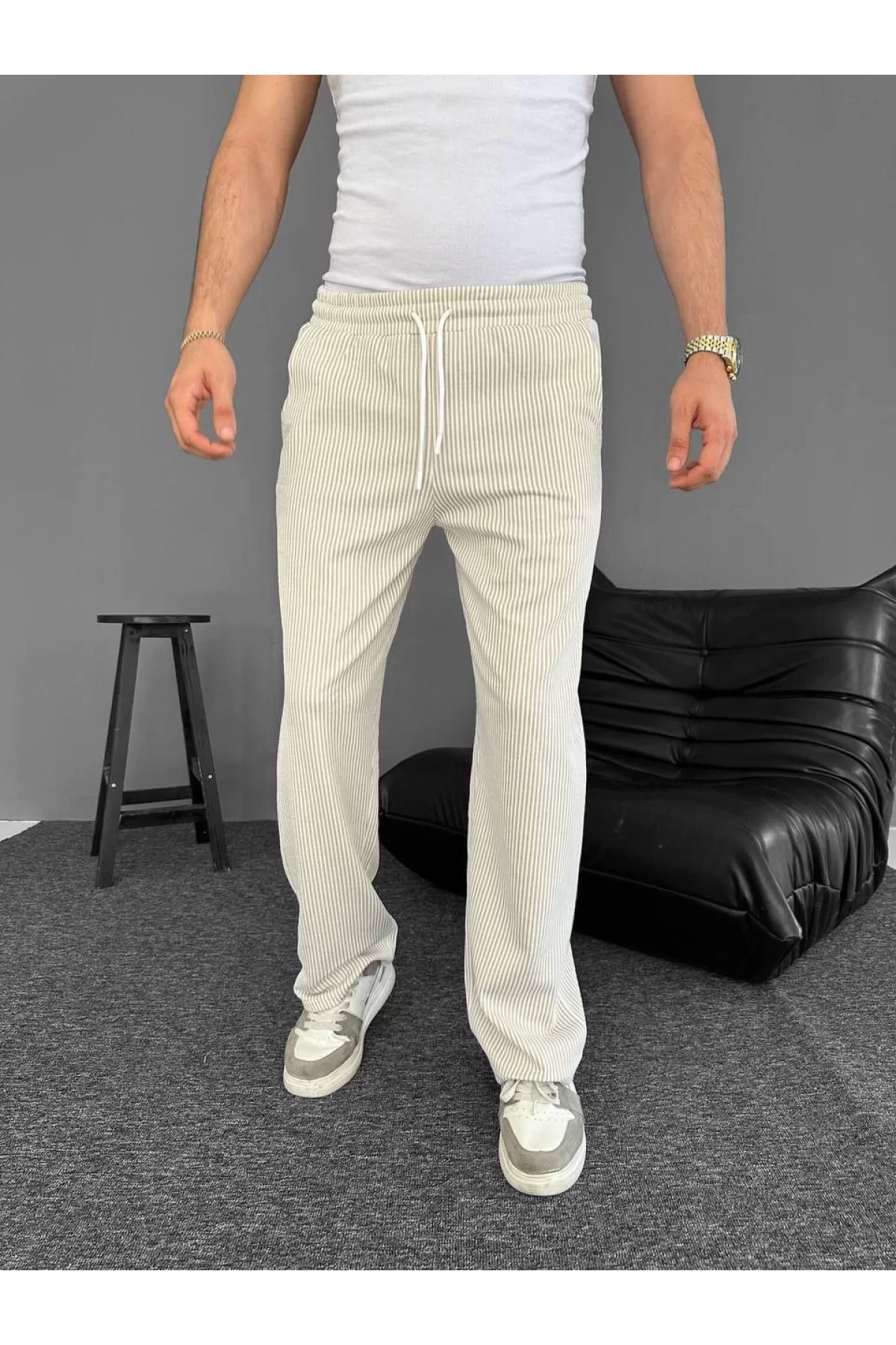 Su Yolu Çizgili Cepli Pantalon Yazlık - Bej