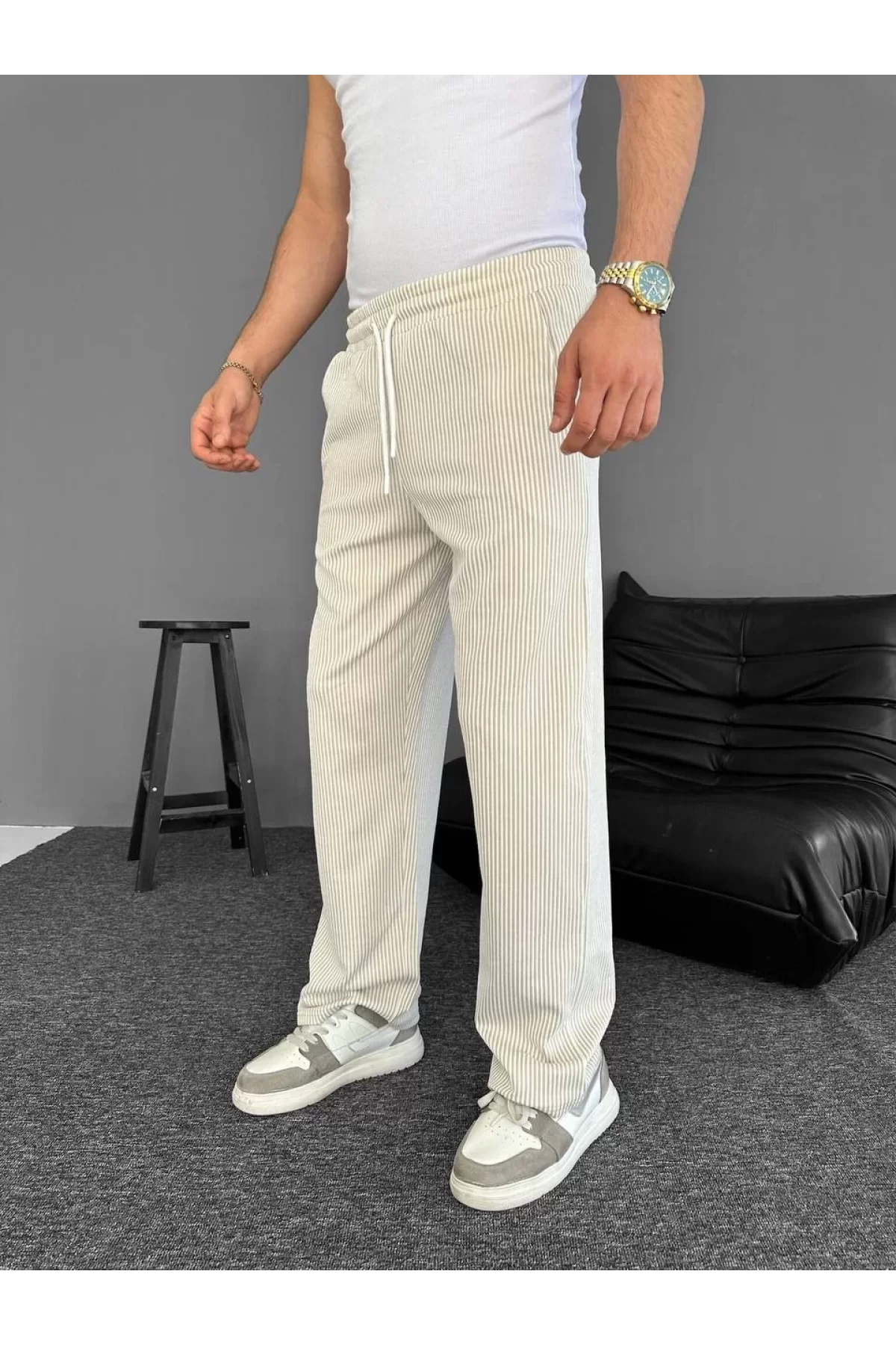 Su Yolu Çizgili Cepli Pantalon Yazlık - Bej
