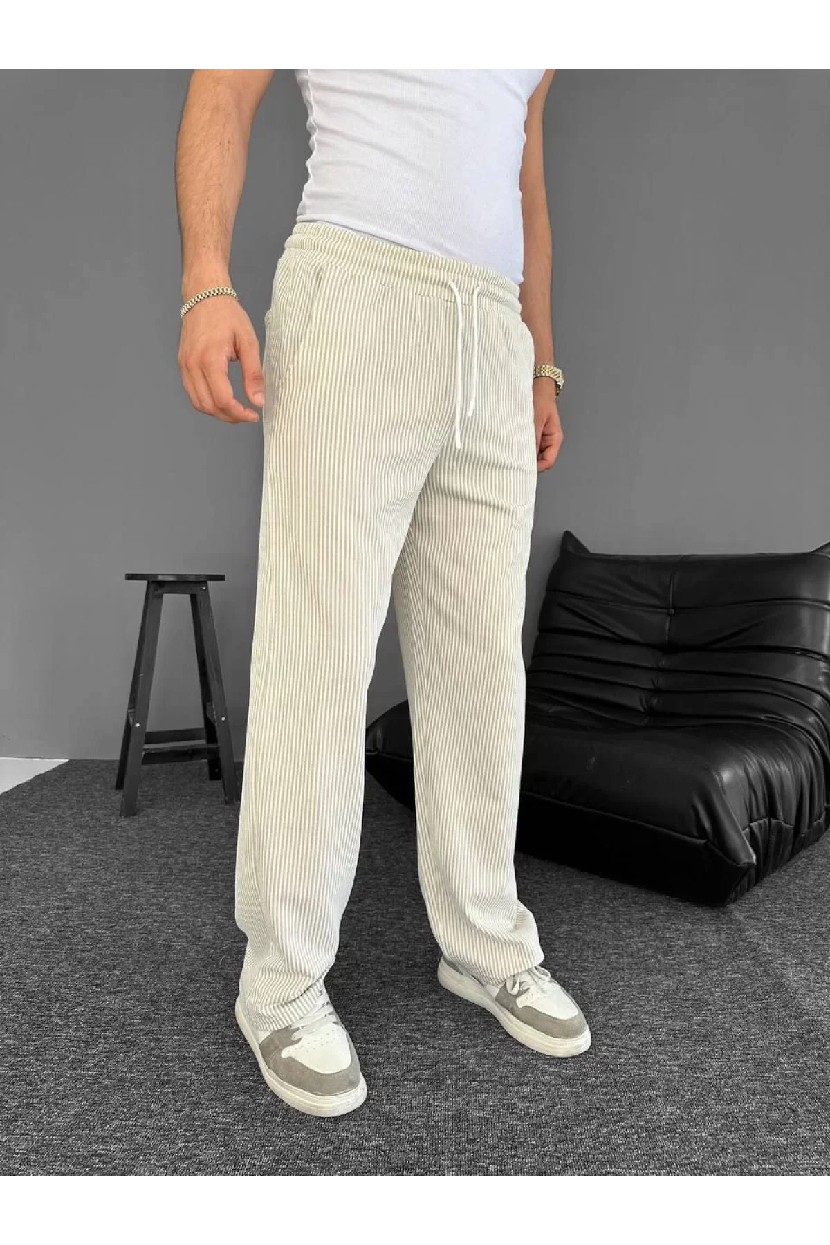 Su Yolu Çizgili Cepli Pantalon Yazlık - Bej