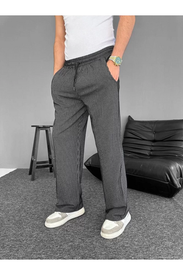 Su Yolu Çizgili Cepli Pantalon - Siyah