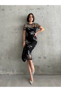 Kadın Baskılı Şifon Kimono Elbise - Siyah