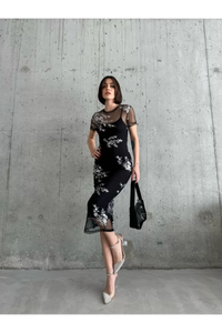 Kadın Baskılı Şifon Kimono Elbise - Siyah