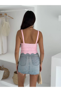V Yaka Askılı Arkası Açık Triko Crop - Toz Pembe