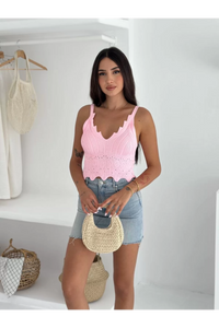 V Yaka Askılı Arkası Açık Triko Crop - Toz Pembe