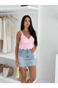 V Yaka Askılı Arkası Açık Triko Crop - Toz Pembe