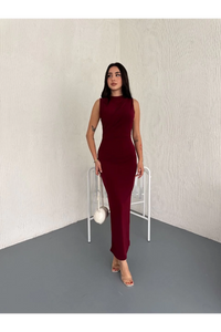 Yandan Buzgulu Kolsuz Yırtmaçlı Uzun Elbise - Bordo